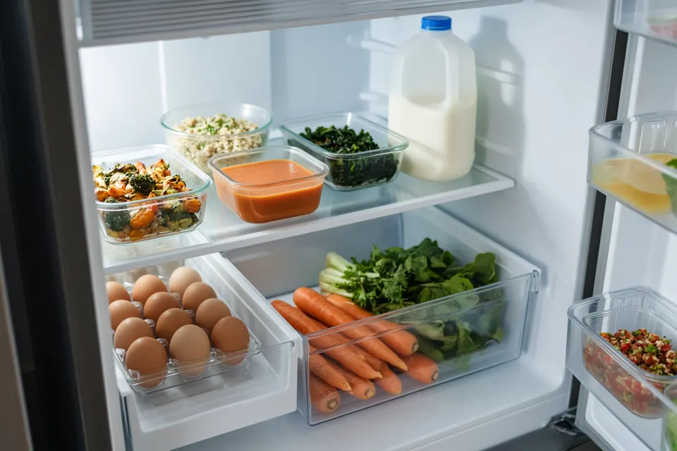 An open refrigerator with glass containers of leftovers, vegetables, eggs, and milk.