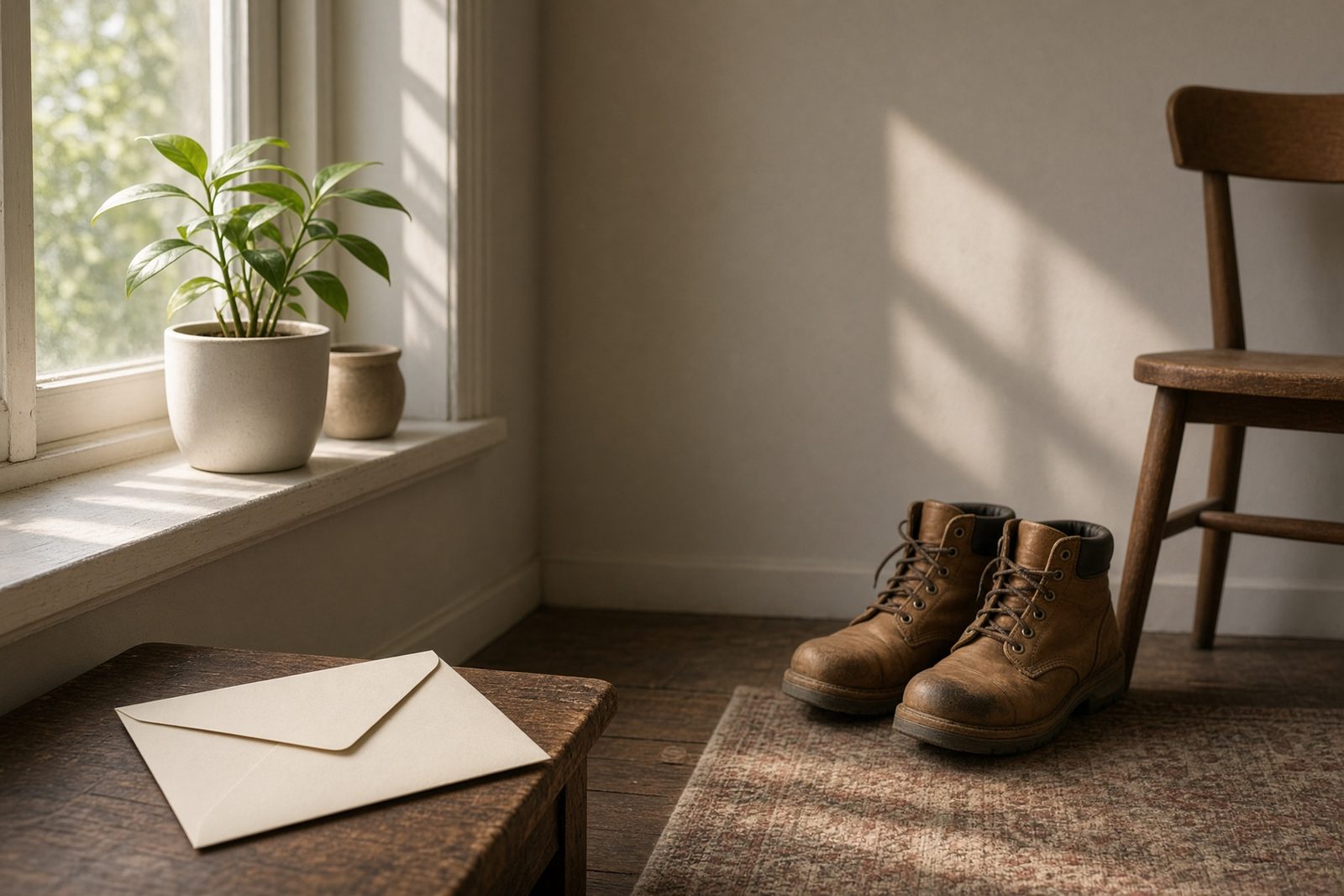 An unopened envelope, clean work boots, and a young plant on a studio-apartment windowsill.