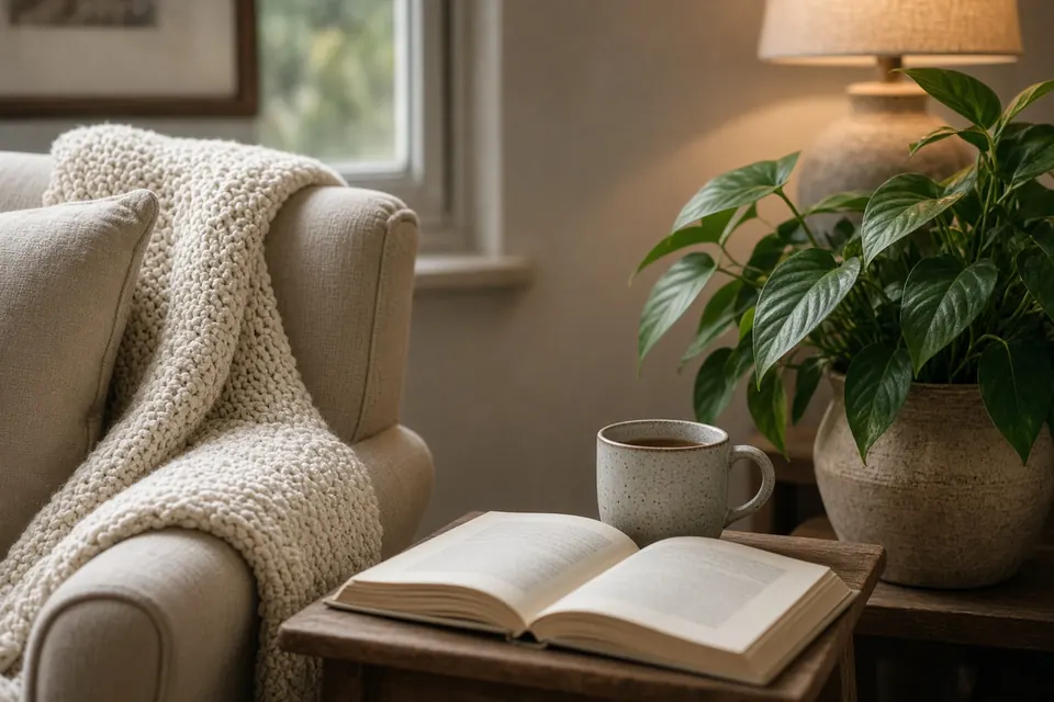 A wool throw on a linen chair, a mug of tea, an open book, and a houseplant in soft light.
