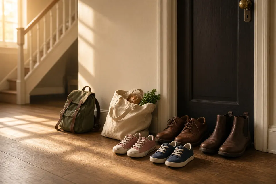An entryway with two pairs of adult shoes, two pairs of children's sneakers, a grocery bag, and a backpack.