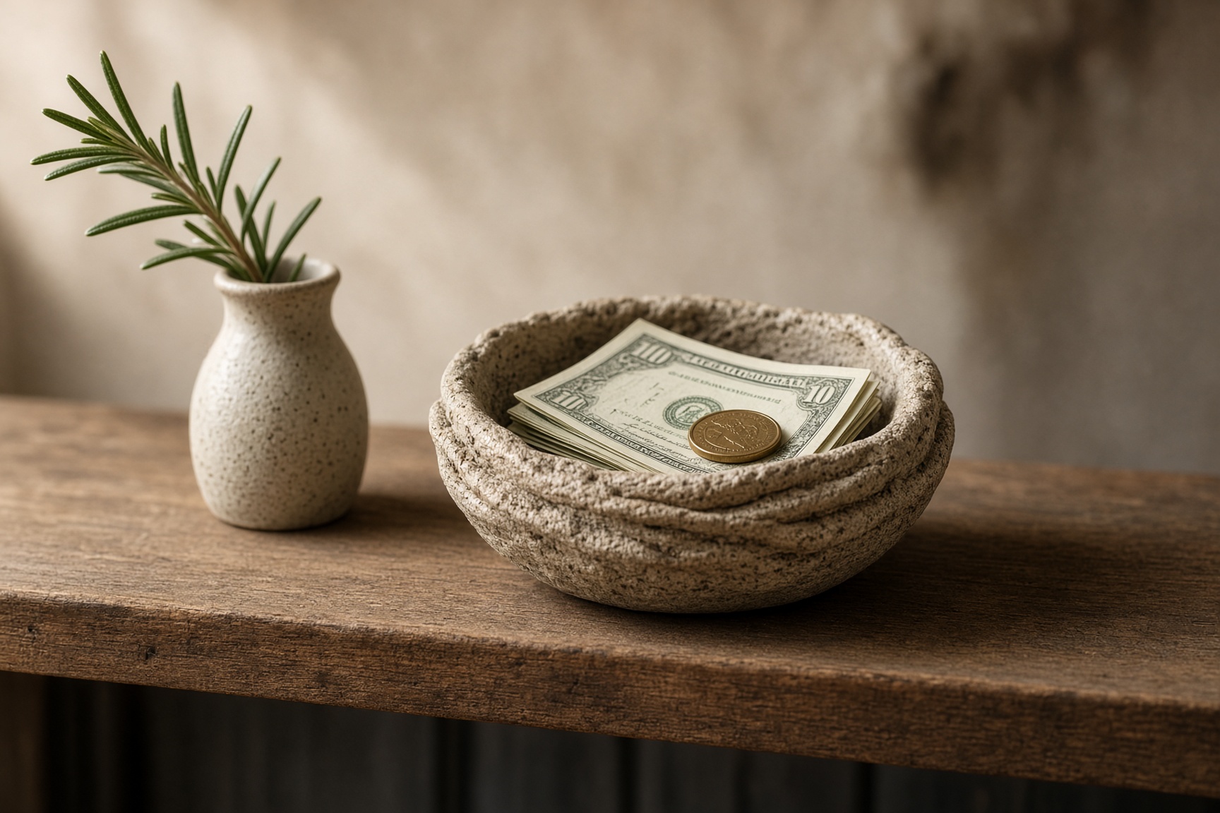 A small ceramic nest bowl holding folded cash and a coin on a wooden shelf beside rosemary.