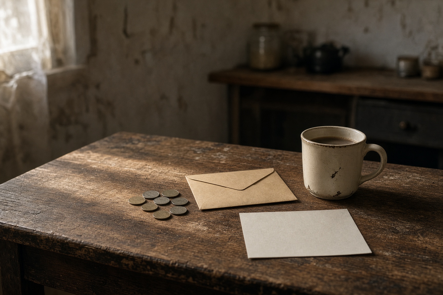 A modest kitchen table with a few coins, a plain envelope, and a half-finished cup of coffee.