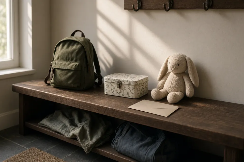 A mudroom bench with a small backpack, a lunchbox, a stuffed rabbit, and a plain envelope.