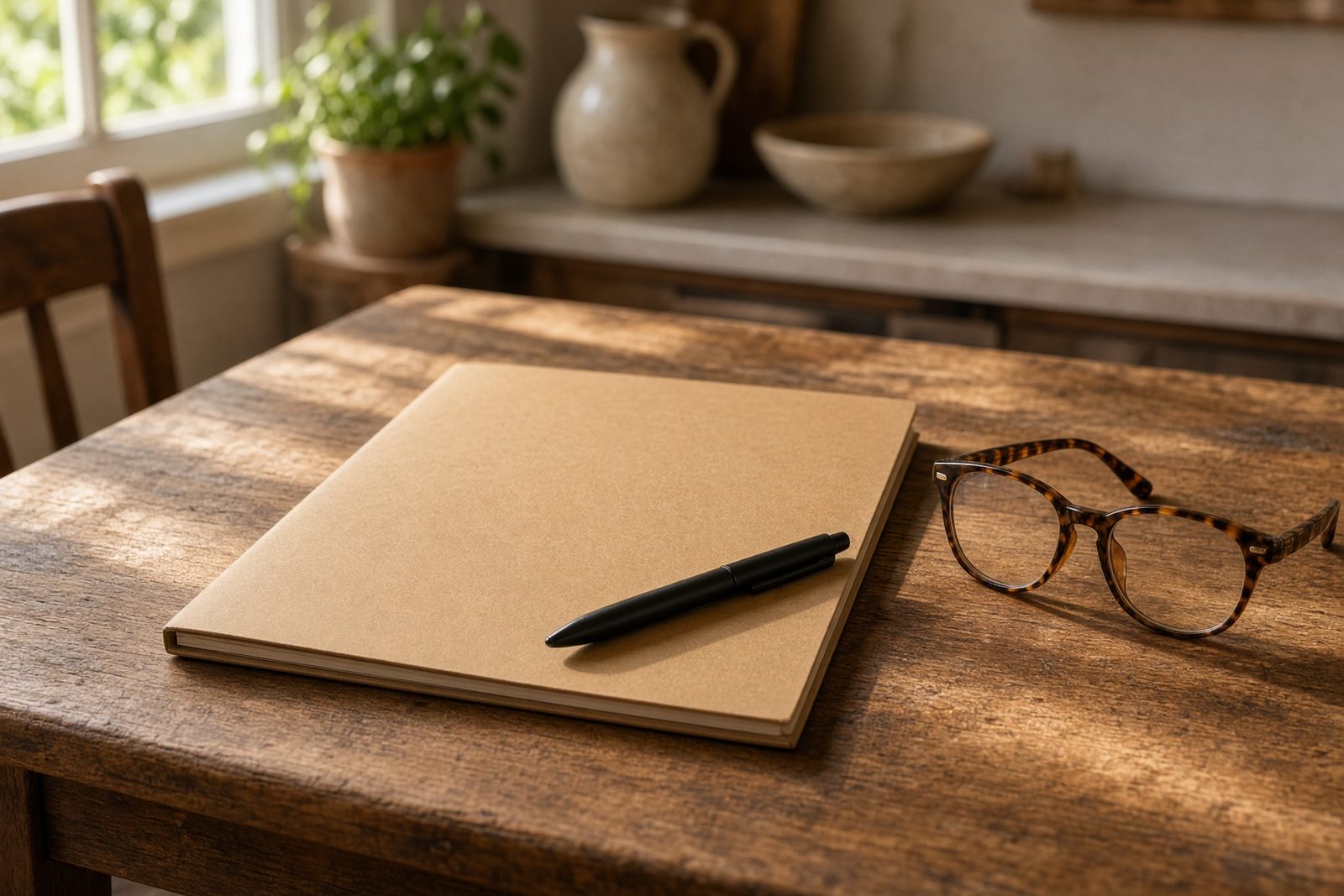 A closed kraft folder, a black pen, and reading glasses on a sunlit table.