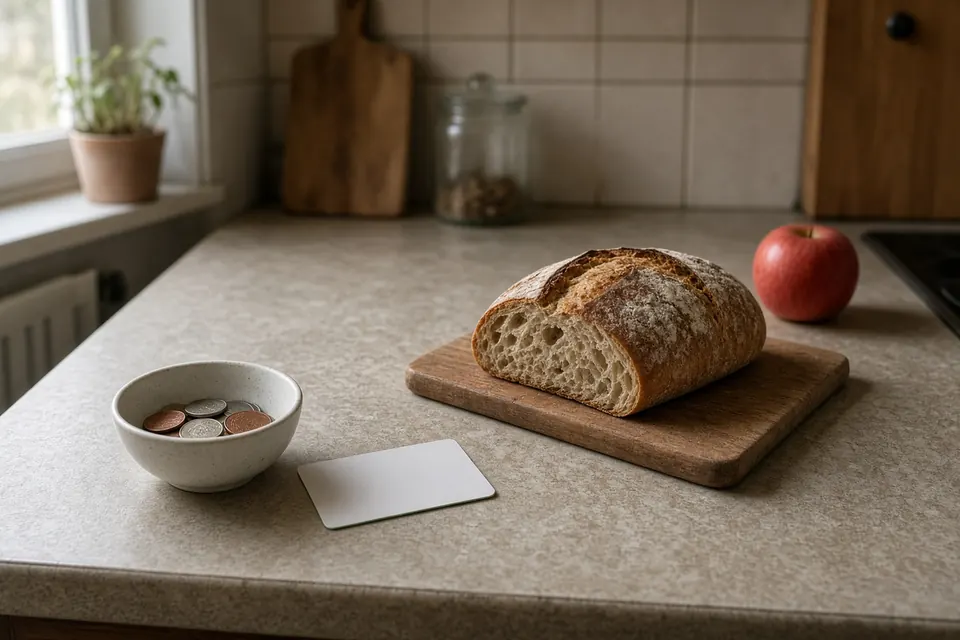 A worn kitchen counter with a small bowl of coins, bread, and a single apple.