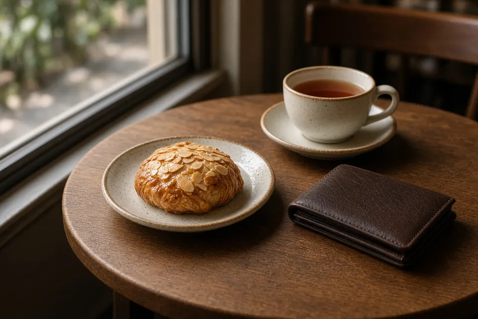 A cafe table with one almond pastry, a closed wallet, and a cup of tea by the window.