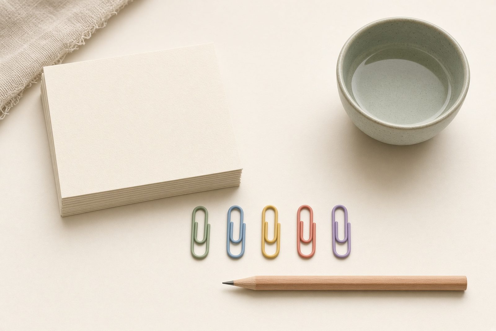 Blank index cards, colorful paper clips, a pencil, and a small ceramic cup on a cream desk.