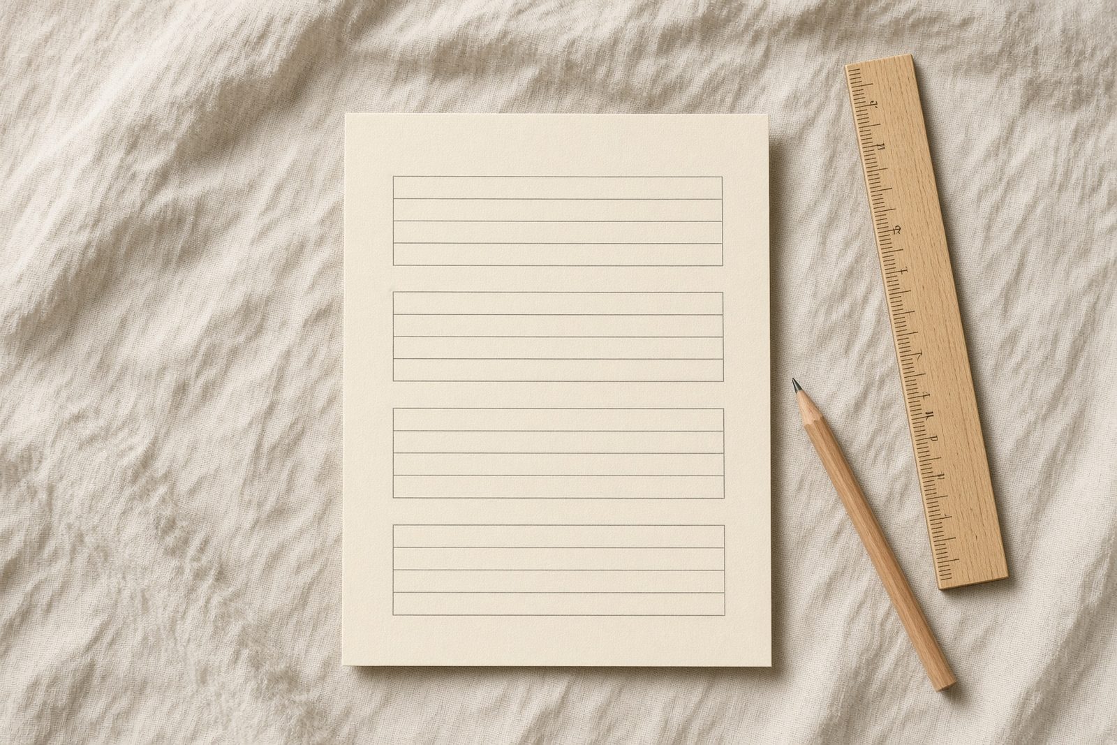 A single blank sheet with empty boxes, a wooden ruler, and a pencil on linen.
