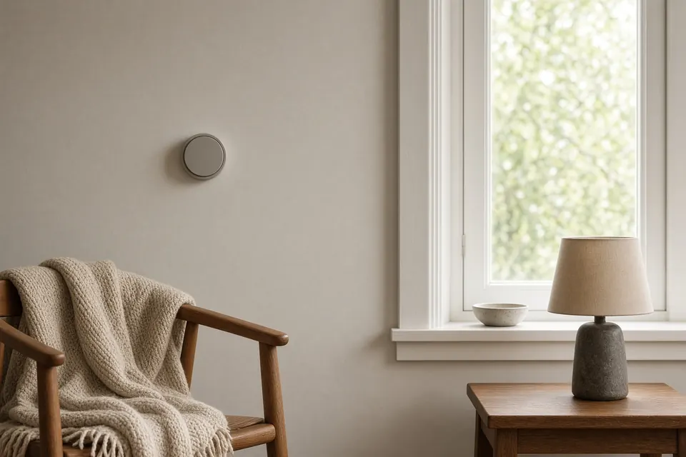 A wall thermostat, a knitted throw on a chair, a bright window, and a lamp that is switched off.
