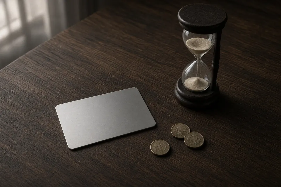 A blank metal card, a small hourglass, and a few coins on a walnut desk in cool light.